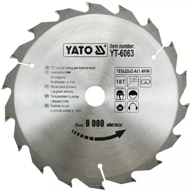 Диск пильный YATO по дереву 185х20х2.4х1.4 мм, 18 зубцов (YT-6063) Фото 1