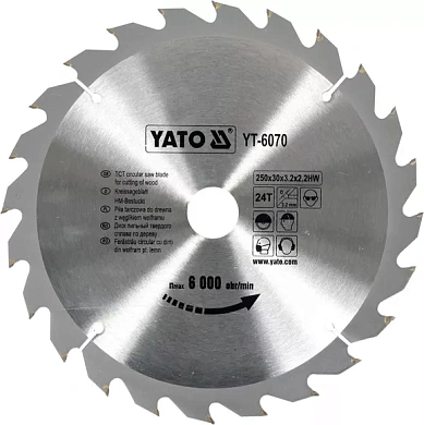 Диск пильний YATO по дереву 250х30х3.2х2.2 мм, 24 зубців (YT-6070) Фото 1