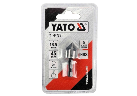 Зенкер конічний по металу YATO YT-44725 HSS, Ø= 16.5 мм, l= 45 мм, 5 пругів, HEX- 1/4" Зенкер конічний по металу YATO YT-44725 HSS, Ø= 16.5 мм, l= 45 мм, 5 пругів, HEX- 1/4"