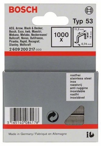 Скобы из нержавеющей стали тип 53 Bosch 14 мм, 1000 шт Скобы из нержавеющей стали тип 53 Bosch 14 мм, 1000 шт