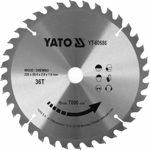 Диск пильный по дереву с победитовыми напайками Yato YT-60686 (235x25.4x2.8x1.8 мм), 36 зубцов Диск пильный по дереву с победитовыми напайками Yato YT-60686 (235x25.4x2.8x1.8 мм), 36 зубцов