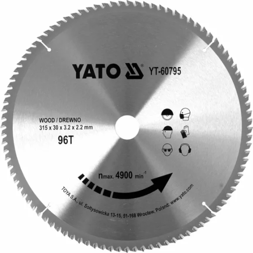 Диск пильный по дереву с победитовыми напайками Yato YT-60795 (315x30x3.2x2.2 мм), 96 зубцов. Диск пильный по дереву с победитовыми напайками Yato YT-60795 (315x30x3.2x2.2 мм), 96 зубцов.