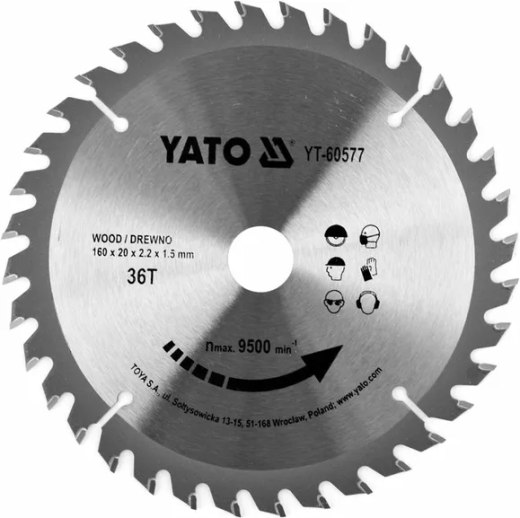 Диск пильний по дереву з побідитовими напайками Yato YT-60577 (160x20x2.2x1.5 мм), 36 зубців Диск пильний по дереву з побідитовими напайками Yato YT-60577 (160x20x2.2x1.5 мм), 36 зубців
