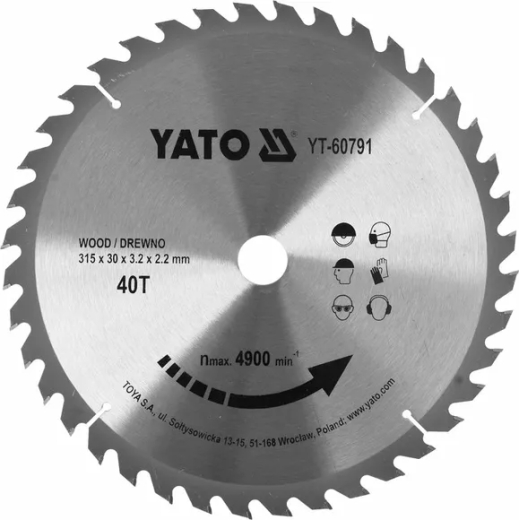 Диск пильный по дереву с победитовыми напайками Yato YT-60791 (315x30x3.2x2.2 мм), 40 зубцов Диск пильный по дереву с победитовыми напайками Yato YT-60791 (315x30x3.2x2.2 мм), 40 зубцов