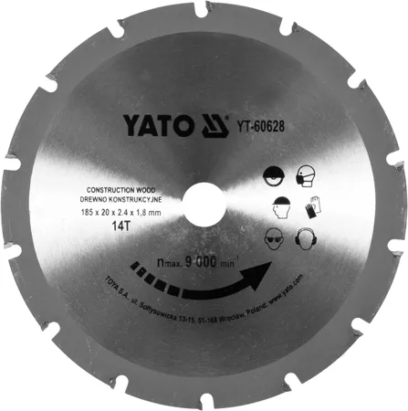 Диск пильный Yato 185х2.4x20 мм, 14 зубцов (YT-60628) Диск пильный Yato 185х2.4x20 мм, 14 зубцов (YT-60628)