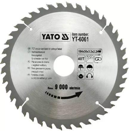 Диск пильный YATO по дереву 184х30х3.2х2.2 мм, 40 зубцов (YT-6061) Диск пильный YATO по дереву 184х30х3.2х2.2 мм, 40 зубцов (YT-6061)