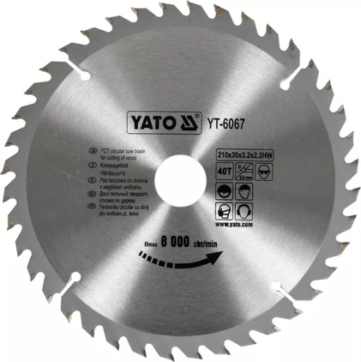 Диск пильный YATO по дереву 210х30x3.2x2.2 мм, 40 зубцов (YT-6067) Диск пильный YATO по дереву 210х30x3.2x2.2 мм, 40 зубцов (YT-6067)