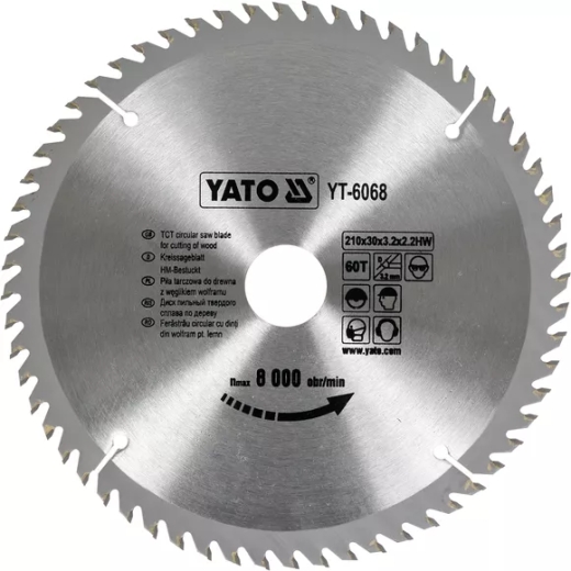 Диск пильный YATO по дереву 210х30x3.2x2.2 мм, 60 зубцов (YT-6068) Диск пильный YATO по дереву 210х30x3.2x2.2 мм, 60 зубцов (YT-6068)