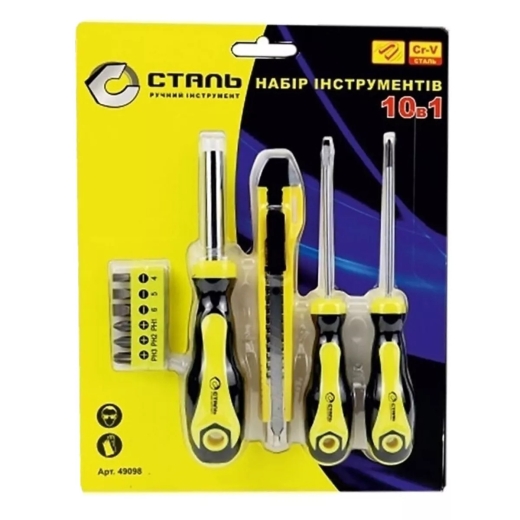 Набір інструментів 10 в 1 (викрутки, біти, ніж) СТАЛЬ 49098 - 1