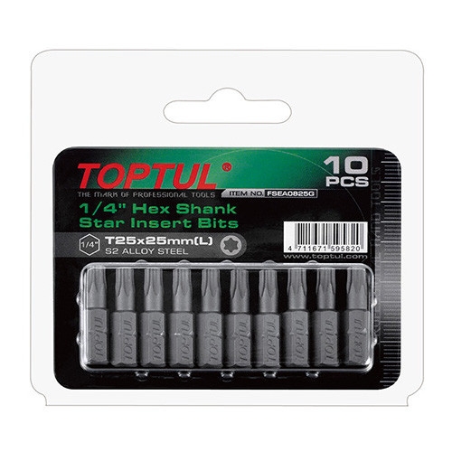 Набір насадок викруткових 1/4" TOPTUL L 25 мм T40 10 од. FSEA0840G Набір насадок викруткових 1/4" TOPTUL L 25 мм T40 10 од. FSEA0840G