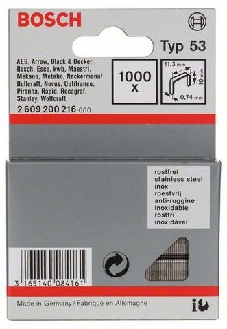 Скобы из нержавеющей стали тип 53 Bosch 10 мм, 1000 шт Скобы из нержавеющей стали тип 53 Bosch 10 мм, 1000 шт