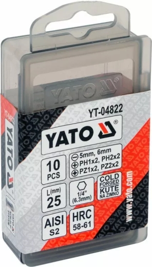 Набор отверточных насадок YATO YT-04822 SL5, SL6, PH1/1, PH2/2, PZ1/1, PZ2/2, L= 25 мм 10 шт Набор отверточных насадок YATO YT-04822 SL5, SL6, PH1/1, PH2/2, PZ1/1, PZ2/2, L= 25 мм 10 шт