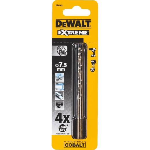 Сверло по металлу EXTREME2 кобальтовое HSS-E 7,5x109x66 мм DeWALT DT4962 Сверло по металлу EXTREME2 кобальтовое HSS-E 7,5x109x66 мм DeWALT DT4962