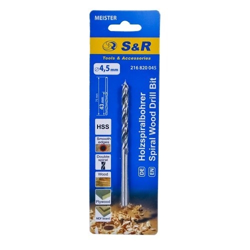 Сверло по дереву S&R Meister спиральное 4,5х75 мм Сверло по дереву S&R Meister спиральное 4,5х75 мм