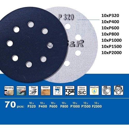 Набор шлифовальных листов S&R 125 мм 70 шт 8 отверстий влагостойкий - 6