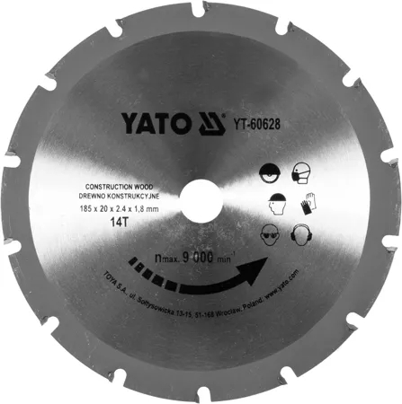 Диск пильный Yato 185х2.4x20 мм, 14 зубцов (YT-60628) - 1