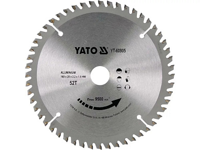 Диск пиляльний по алюмінію YATO YT-60905 Ø= 160/20 мм, 52 зубці, T= 1,5 мм Фото 1