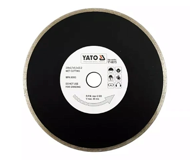 Диск алмазный YATO сплошной 230x5,3x22,2 мм для мокрой резки (YT-6015) Фото 1
