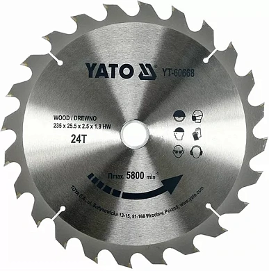 Диск пильний YATO по дереву 235х25.5x2.5х1.8 мм, 24 зубців (YT-60668) Фото 1