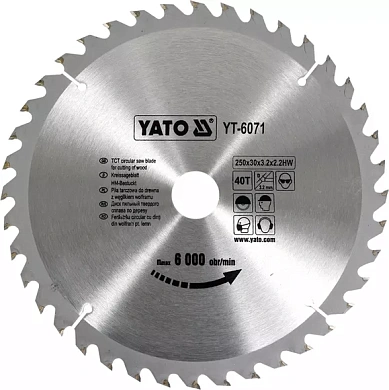 Диск пильный YATO по дереву 250х30х3.2х2.2 мм, 40 зубцов (YT-6071) Фото 1