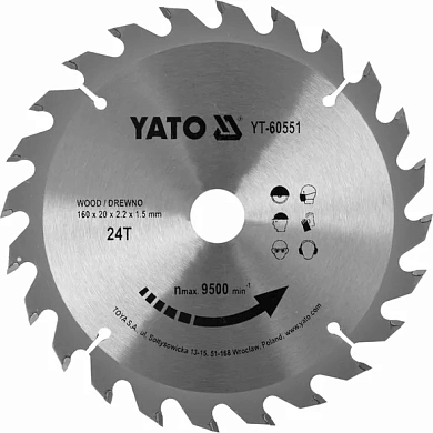 Диск пильный по дереву с победитовыми напайками Yato YT-60551 (160x20x2.2x1.5 мм), 24 зубцов Фото 1