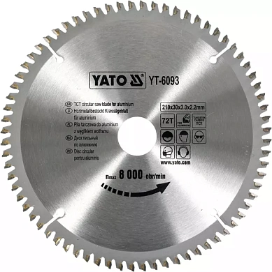 Диск пильний YATO по алюмінію 210х30х3.0x2.2 мм, 72 зубців (YT-6093) Фото 1