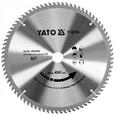Диск пильний YATO по дереву 315х30х3.5х2.5 мм, 80 зубців (YT-60794) Фото 1