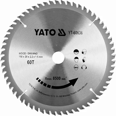 Диск пильний по дереву з побідитовими напайками Yato YT-60636 (190x20x2.2x1.5 мм), 60 зубців Фото 1