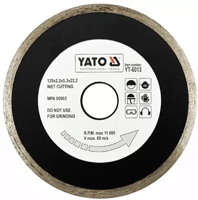 Диск алмазний YATO суцільний 125x5,3x22,2 мм для мокрого різання (YT-6013) Фото 1