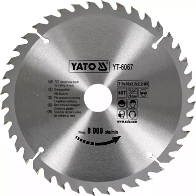Диск пильний YATO по дереву 210х30x3.2x2.2 мм, 40 зубців (YT-6067) Фото 1