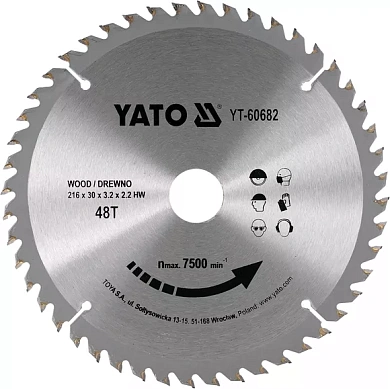 Диск пильный YATO по дереву 216х30х3.2х2.2 мм, 40 зубцов (YT-60682) Фото 1