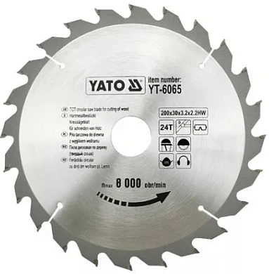 Диск пильний YATO по дереву 200х30x3.2x2.2 мм, 24 зубців (YT-6065) Фото 1